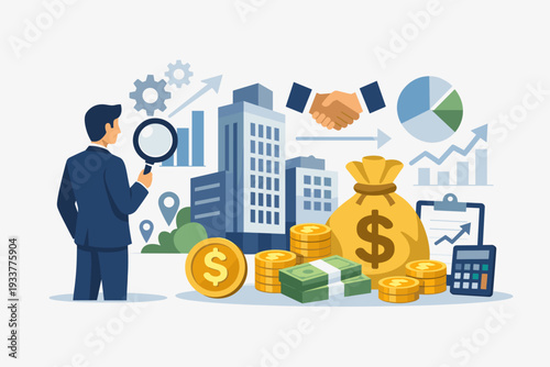 Business Evaluation and Company Worth Analysis Concept with Businessman Using Magnifying Glass to Inspect Market Value, Mergers, Acquisitions, Financial Growth, Investment, and Profitability.