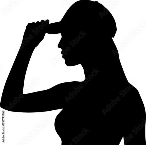 Black Silhouette of Woman Adjusting Baseball Cap Profile Vector