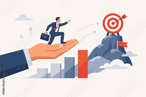 Business Support and Mentorship Concept with a Big Hand Helping a Businessman Achieve a Target on a Mountain Peak. Growth Bar Chart, Career Success, Leadership, and Goal Achievement Illustration.