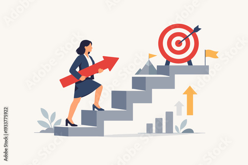 Businesswoman climbing stairs carrying a red arrow towards a target bullseye. Concept of career path, professional growth, success, motivation, and achieving business goals and objectives.