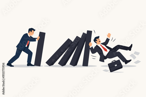 Businessman Pushing Domino to Collapse Another Businessman, Corporate Rivalry and Sabotage Concept, Chain Reaction of Failure and Risk in Business, Simple Flat Vector Illustration Design