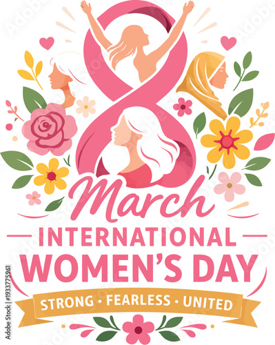 International Women's Day, March 8th, strong fearless united women, pink ribbon, flowers