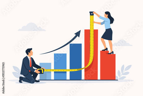 Business benchmark measurement and KPI key performance indicator to evaluate success, improvement, or business growth. Professionals measuring bar chart with tape measure for data analysis.