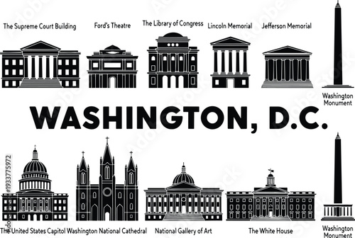 Washington DC landmark silhouette illustration set, iconic architecture artwork, capital city vector design, cultural heritage graphic icon, black white monument symbol