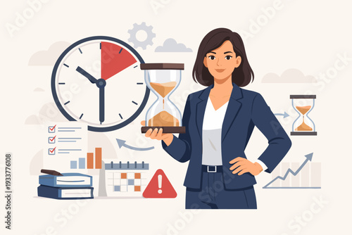 Professional business woman managing time with hourglass and large clock, concept of project deadline, urgency, schedule planning, productivity, and efficient work management in office setting.