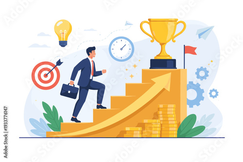 Successful businessman climbing stairs to reach a golden trophy, illustrating career growth, productivity, and achievement with symbols for ideas, time, goals, and financial prosperity.
