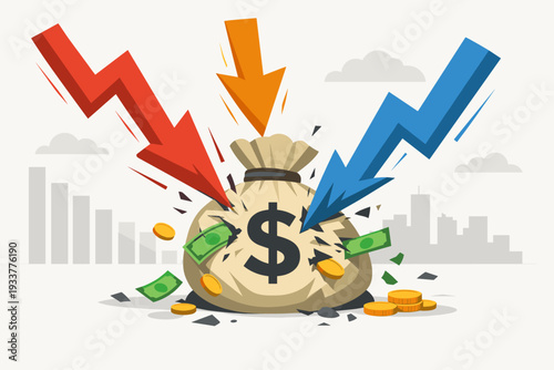 Financial Crisis and Economic Downturn Concept with Money Bag Bursting from Downward Market Arrows, Representing Stock Market Crash, Capital Devaluation, Investment Loss, and Global Market Decline