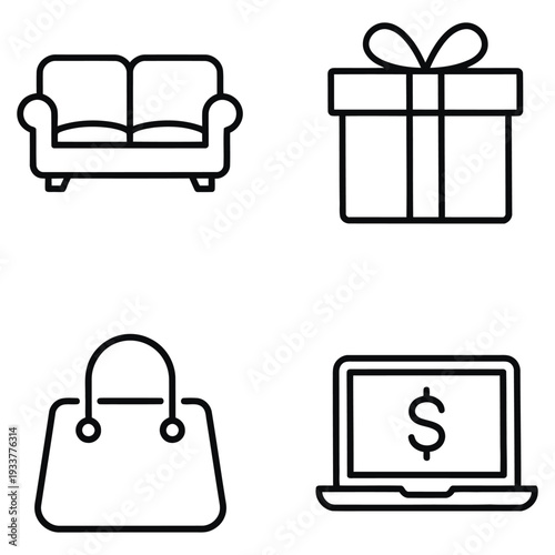 Wallpaper Mural Online Shopping Icons: Sofa, Gift Box, Shopping Bag, Laptop with Dollar Sign - Vector Torontodigital.ca