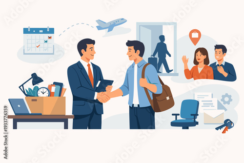 Employee Offboarding Process and Resignation Concept with Manager Shaking Hands with Staff Member Leaving Company for New Opportunity, Farewell Departure, Quitting Job, Career Transition Vector