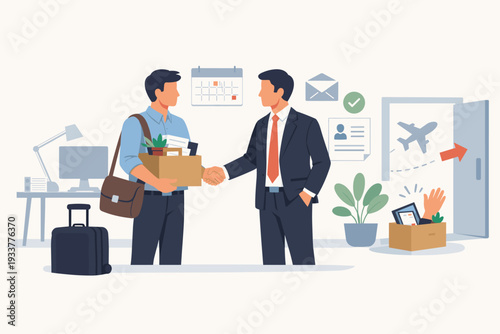 Employee Offboarding Process and Resignation Concept with Two Businessmen Shaking Hands as One Leaves the Company with a Box of Personal Belongings, Career Change, New Job Opportunities and Departure