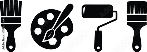 Painting tool silhouette illustration set, art supply vector design, creative equipment graphic icon, black white DIY symbol, brush roller palette