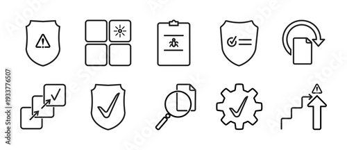roject Risk and Control System Icons – Modern Minimalist Outline Corporate Vector Set Includes risk assessment, audit process, compliance, mitigation plan, quality control, escalation, approval work
