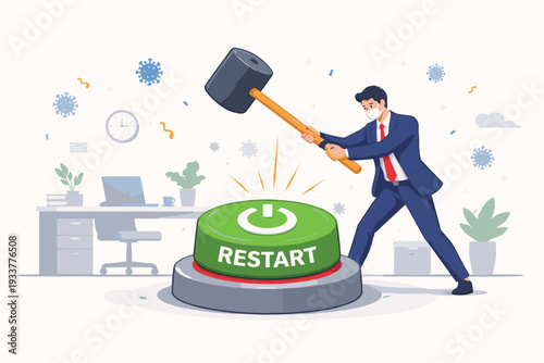 Businessman wearing a face mask hitting a giant green restart button with a hammer to reopen business after COVID-19 lockdown, returning to office work and normal company operations concept.