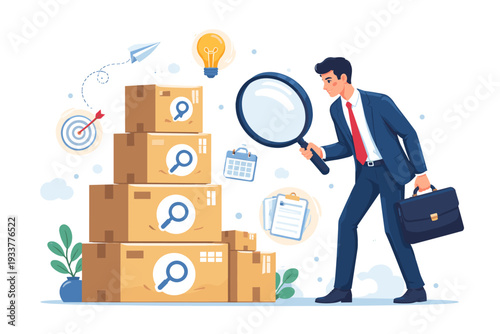 Businessman with Magnifying Glass Searching for Job Opportunities and Career Growth in Stacked Boxes, Recruitment and Professional Employment Concept Illustration for Hiring and Talent Search