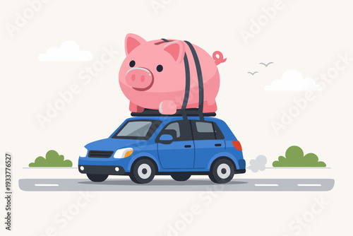 Saving money to buy a new car or budget for vehicle maintenance and service concept illustration with a giant pink piggy bank strapped on top of a blue car driving on the road for car loan debt.