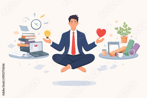 Businessman Meditating for Work-Life Balance and Stress Management, Professional Man in Suit Levitating with Laptop, Books, Heart, and Yoga Mat, Mental Health and Mindfulness at Work Concept