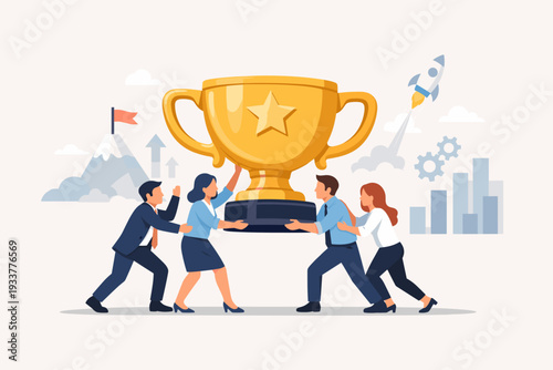 Collaborative business team lifting a massive golden trophy together, representing successful achievement, teamwork, and reaching goals. Background with rocket, mountain, and charts for growth.