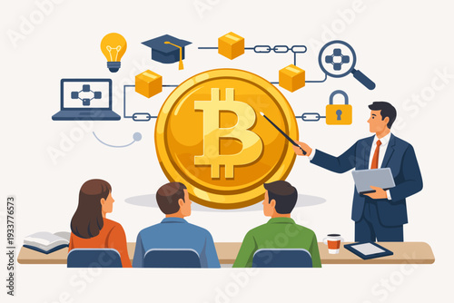 Professional presenter explaining Bitcoin and blockchain technology to students in a classroom setting. Illustration of cryptocurrency education, digital finance training, and investment seminar.