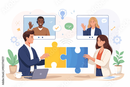 Diverse business team collaborating to solve problems with puzzle pieces. Hybrid work concept with office employees and remote colleagues on video conference call for successful project management.
