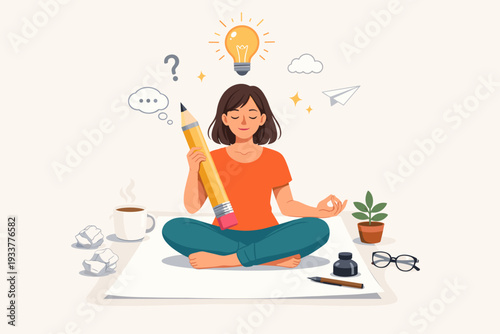 Creative young woman writer or blogger meditating in lotus pose to find inspiration and new ideas, holding a giant pencil with light bulb, coffee, and ink, concept of creativity and brainstorming.
