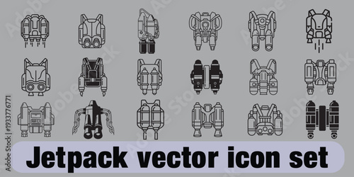 Jetpack vector icon set. Collection of futuristic rocket packs and personal flight device line art and silhouette symbols for sci-fi design.