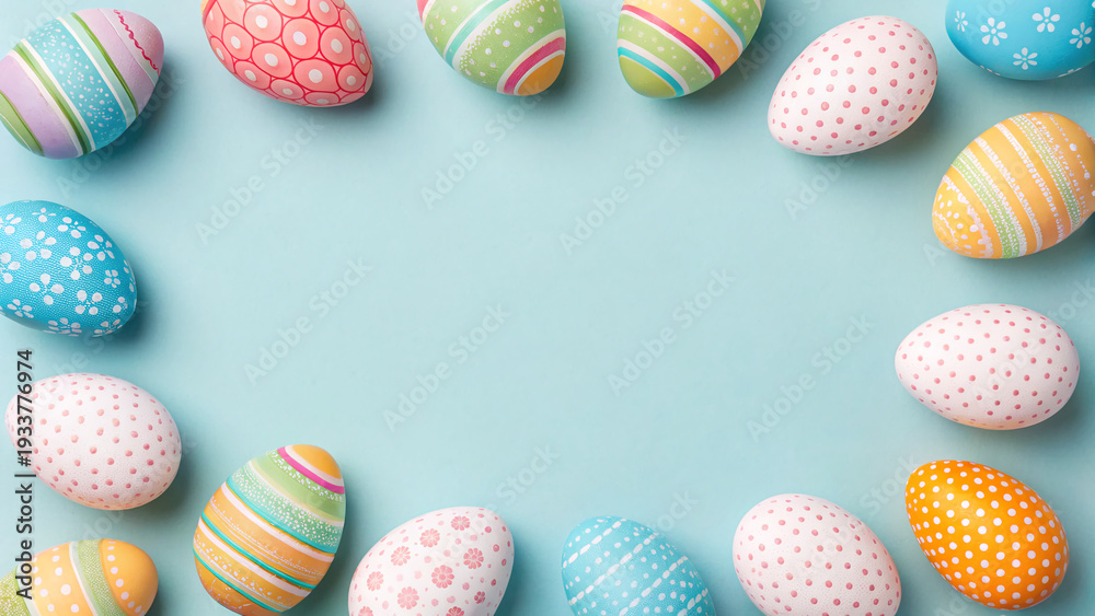 Fototapeta premium Colorful eggs arranged in a circle on a light background during an Easter celebration