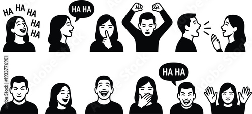 Black and White Vector Icon Set Featuring People Laughing Having Fun Expressing Joy Communicating Gesturing and Celebrating Happiness for Social Media and Web Design