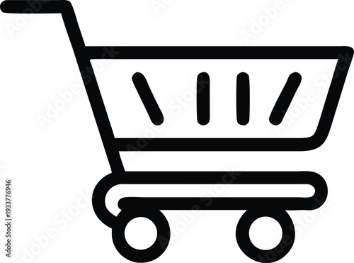 Simple black shopping cart icon features streamlined design with wheels on a plain background