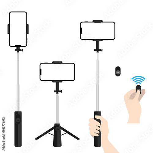 自撮り棒にスマートフォンを設置して写真や動画を撮るセット