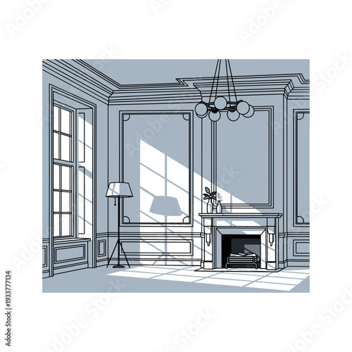 Luxury living room interior with fireplace and lamp, modern house