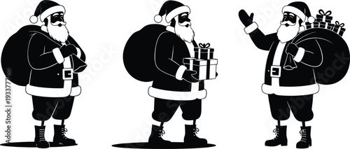 Black and white vector silhouette set of Santa Claus in three different poses carrying a heavy sack of Christmas gifts and waving hand