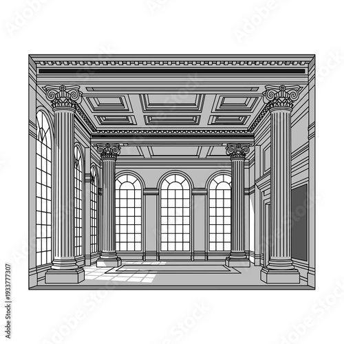Interior of a classic empty hall with columns and large windows, architectural drawing
