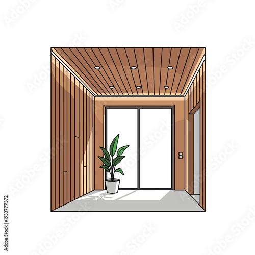 Modern wooden interior hallway with plant and sliding glass door