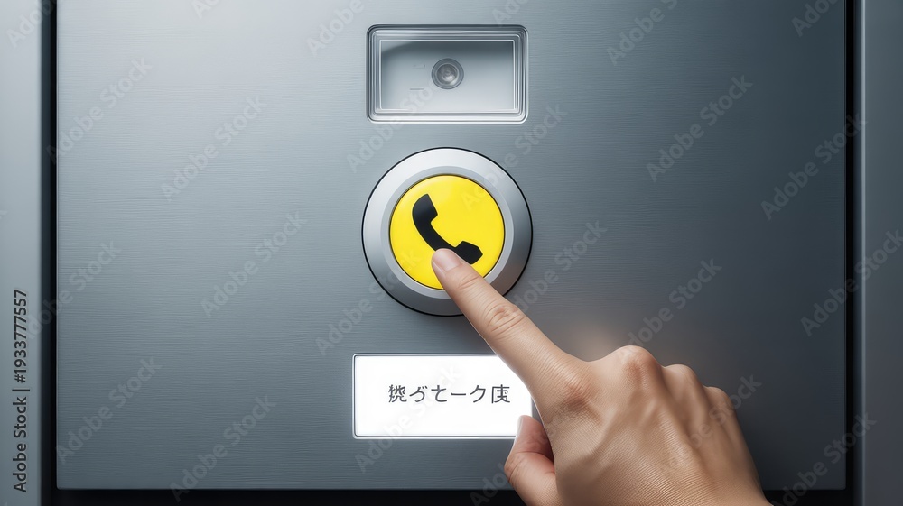 Fototapeta premium A persons finger presses a bright yellow button with a phone symbol on a modern metal intercom panel