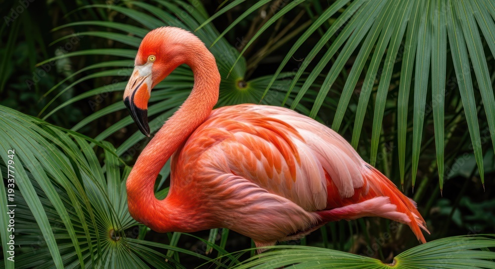 Fototapeta premium A vibrant red flamingo standing amidst green palm leaves, showcasing its elegant posture and striking plumage.