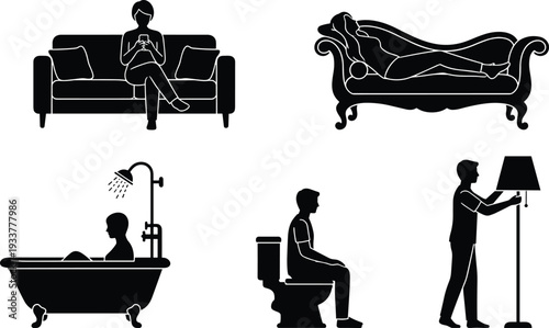 Black silhouette icons set of people in daily life home activities including sitting on sofa using phone relaxing on couch bathing and using toilet