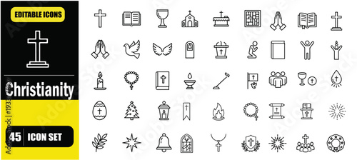 Christianity Outline Icon Set, Religious Symbols, Church, Cross, Bible, Faith, Worship, Spirituality, Linear Editable Stroke Vector Illustration