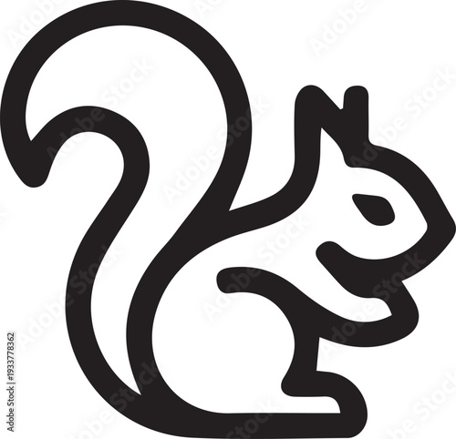 A black and white line art illustration of a squirrel with a bushy tail curled over its back, a simple icon