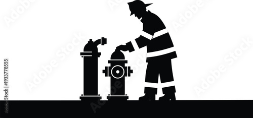 Black silhouette of a professional firefighter in protective gear and helmet operating a red city fire hydrant for emergency water supply on white background