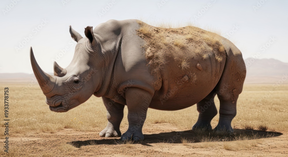 Obraz premium A solitary rhinoceros standing in a dry, arid landscape with a clear sky and distant mountains.