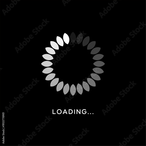 Minimalist circular loading progress icon with petal style spinner on a solid black background for digital UI UX.
