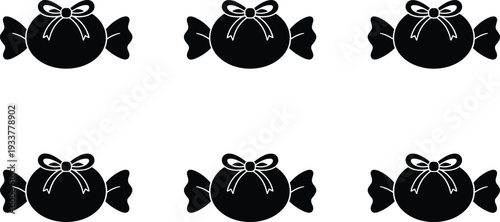 Black silhouette set of six round candy wrappers with bows isolated on white background for sweet shop branding confectionery design and party celebration icons