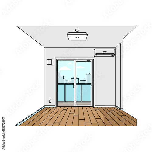 Empty room with sliding glass door, city view, wooden floor, air conditioner