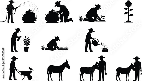 Black silhouette vector icons of farmers gardening activities watering plants pruning bushes planting seedlings using wheelbarrow and working with donkeys on rural farm landscape