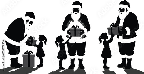 Black Silhouette Vector Set of Santa Claus Giving Christmas Gifts to a Little Girl Isolated on White Background for Holiday Greeting Cards and Decor