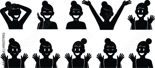 Black silhouette woman character set with various facial expressions and hand gestures showing happiness surprise joy and sadness for diverse vector graphic design projects