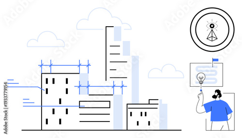 Smart city planning, urban development, innovation, futuristic technology, infrastructure design, communication systems, artificial intelligence. Modern urban buildings and tech elements. Smart city