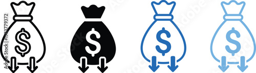Money bag with dollar sign and down arrows icon set, financial savings vector illustration, price drop symbol for business marketing,