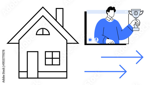 House outline, person showcasing a trophy during video call, and directional arrows representing remote work, online achievement, connectivity, teamwork, collaboration, and technology. Ideal