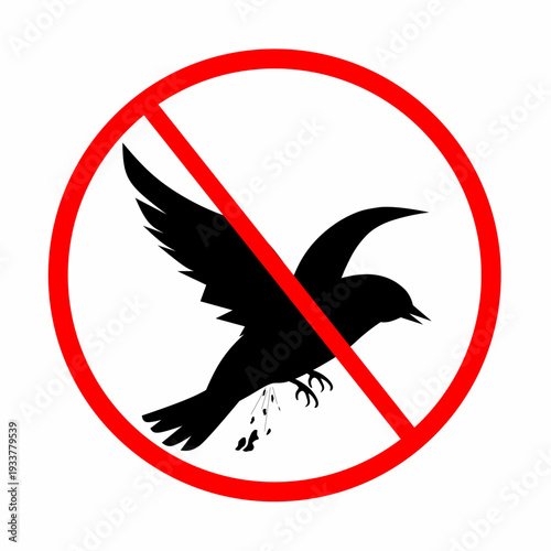 A bird defecating icon on a white background. This design concept depicts a bird defecating in flight with a red circle. Perfect for warnings about animal waste.